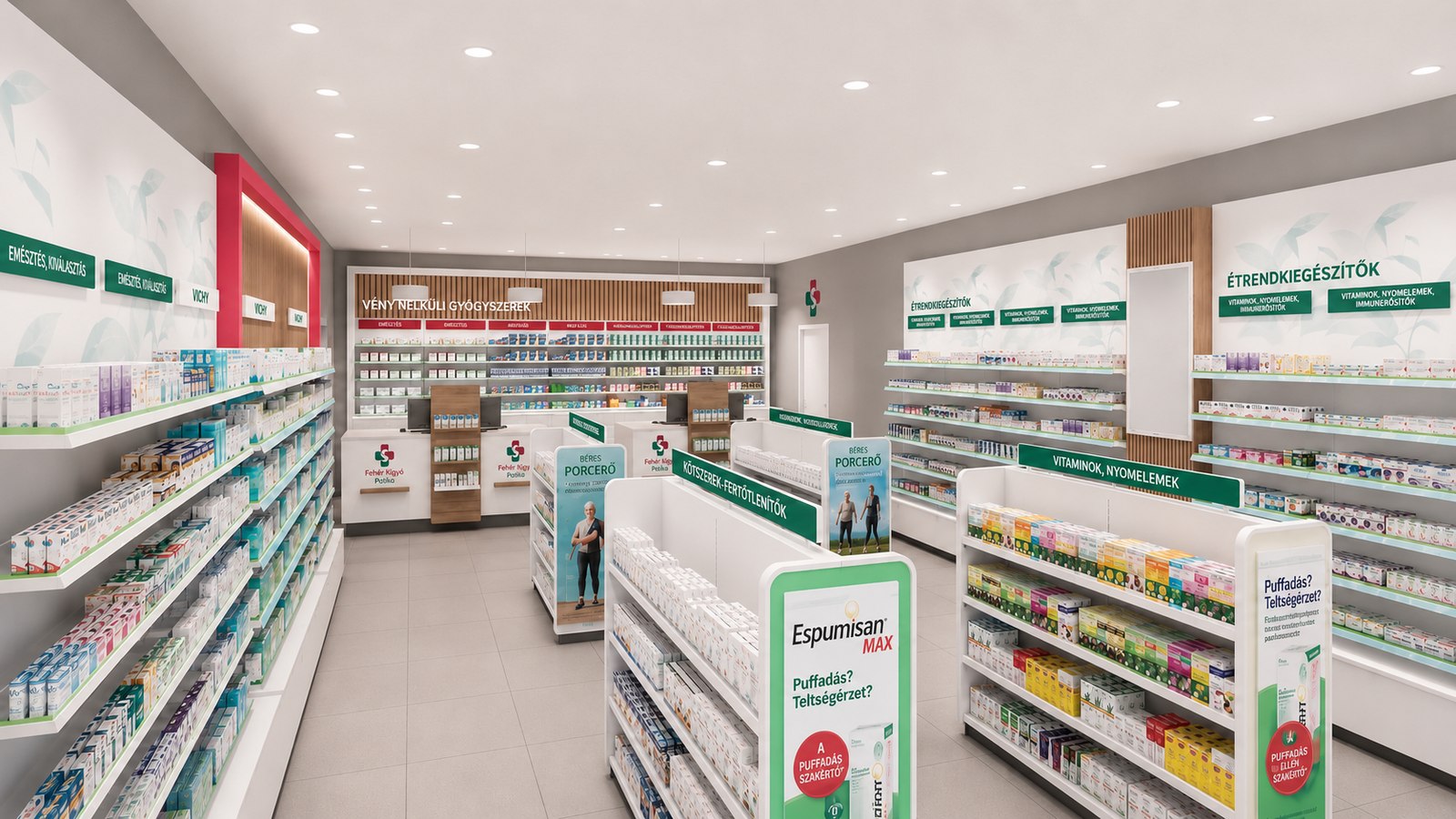 Plánovaný interiér lekárne Fehér Kígyó Patika v Galéria Center, so svetlými regálmi a poradenským pultom