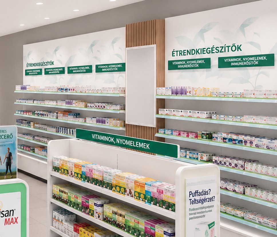 Široká ponuka výživových doplnkov a vitamínov na regáloch